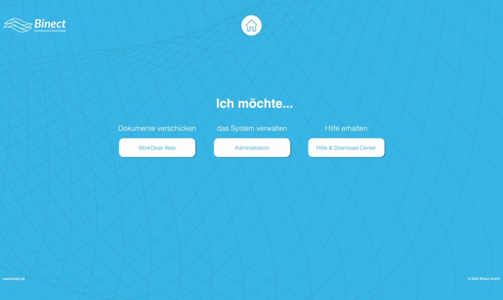Startbildschirm für den Administrations- und Nutzungsbereich von Binect ONE