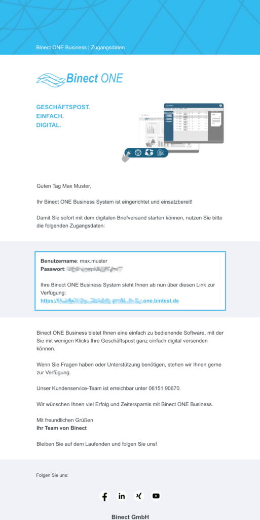 Bestätigungsmail mit Zugangsdaten für Binect ONE